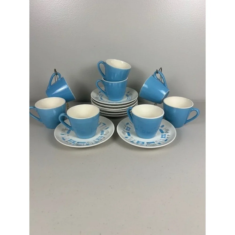 Vintage Mid Century Modern Atomic‎ Kitchen Blue Tea Coffee Cup Saucer Set of Two